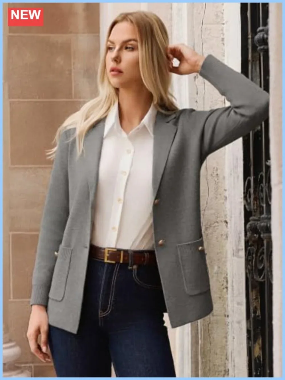 Womens Knit Blazer Long Sleeve Open Front Notch Lapel Business Casual Suit